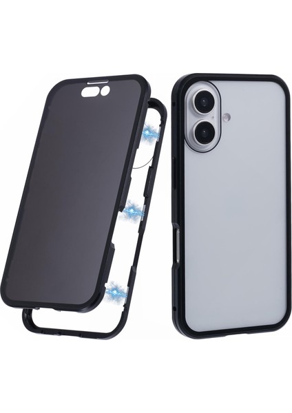 iPhone 16 Anti-Casus Kılıf Manyetik Metal Çerçeve + Çift Taraflı Temperli Cam Telefon Kılıfı - Siyah (Yurt Dışından)