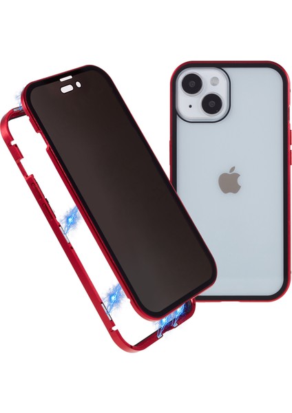 iPhone 15 Plus Anti-Casus Telefon Kılıfı Manyetik Adsorpsiyon Metal Çerçeve + Çift Taraflı Temperli Cam Darbeye Dayanıklı Kapak - Kırmızı (Yurt Dışından)
