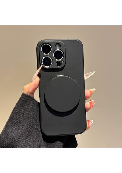 iPhone 16 Pro Max Kılıfı Düz ​​kenar Koruma Tpu+Pc Telefon Kılıfı Aynalı Ayaklı-Siyah (Yurt Dışından)