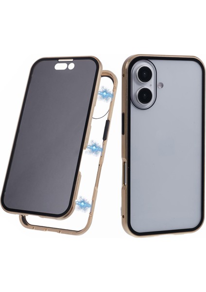 iPhone 16 Anti-Casus Kılıf Manyetik Metal Çerçeve + Çift Taraflı Temperli Cam Telefon Kılıfı - Altın (Yurt Dışından)