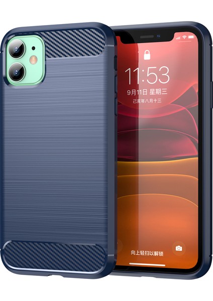 1.8mm Karbon Fiber Fırçalanmış Doku Darbe Tamponu Tpu Arka Kılıf Cep Telefonu Kılıfı iPhone 11 6.1 Inç-Mavi (Yurt Dışından)