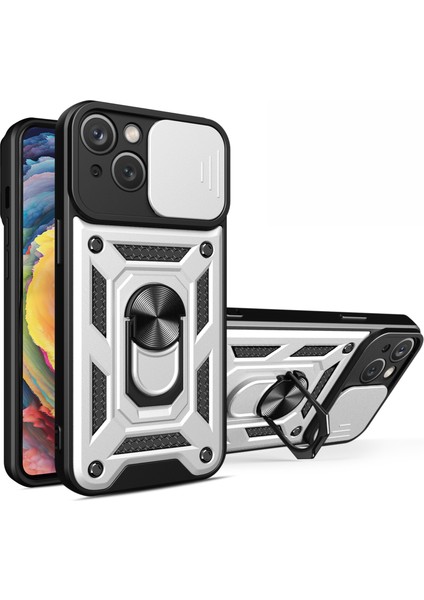 iPhone 15 Plus Parmak Izi Önleyici Telefon Kılıfı Pc+Tpu Kickstand Kılıfı Arka Lens Korumalı-Gümüş (Yurt Dışından)