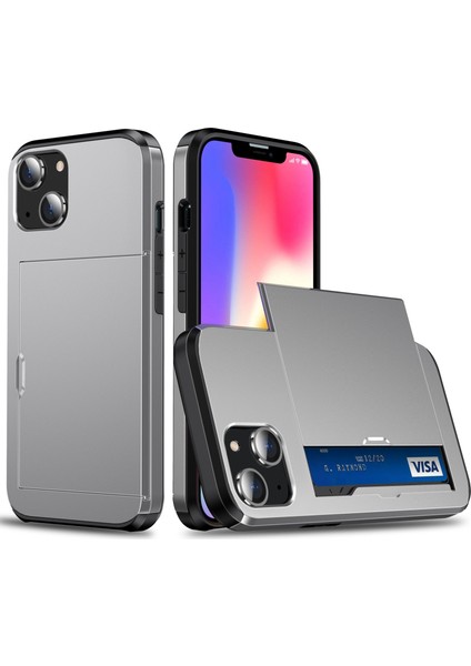 iPhone 14 Plus 6.7 Inç Için Kart Tutucu Telefon Kılıfı, Tpu + Pc Çift Katmanlı Koruyucu Kılıf-Gri (Yurt Dışından)