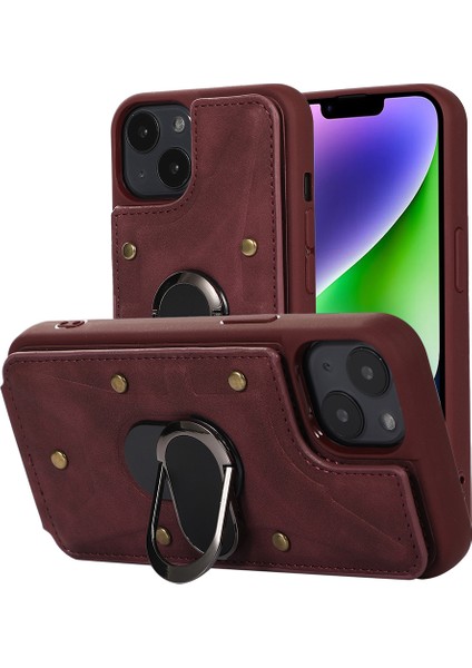 iPhone 14 Plus Kart Çantası Tasarım Cilt Dokunuşlu Pu Deri Kaplamalı Tpu Arka Kılıf Manyetik Halka Destekli-Şarap Kırmızısı (Yurt Dışından)
