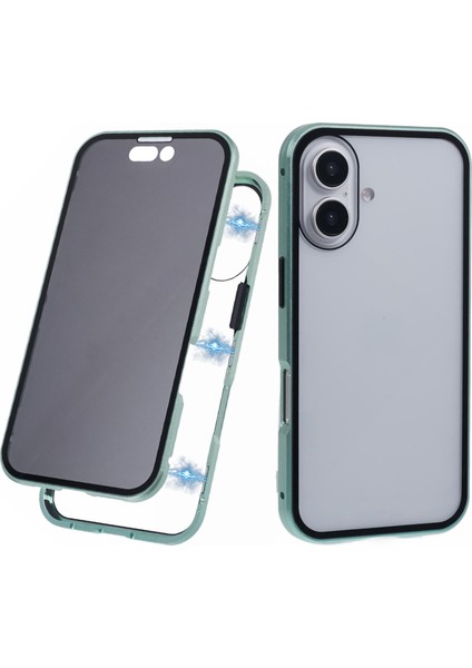 iPhone 16 Anti-Casus Kılıf Manyetik Metal Çerçeve + Çift Taraflı Temperli Cam Telefon Kılıfı - Yeşil (Yurt Dışından)