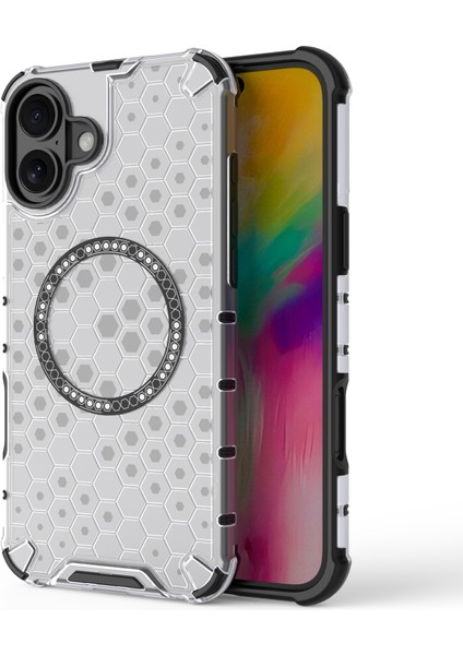 iPhone 16 Manyetik Kılıf Petek Tasarım Tpu+Pc Telefon Kılıfı Hava Yastığı Koruması-Şeffaf (Yurt Dışından)
