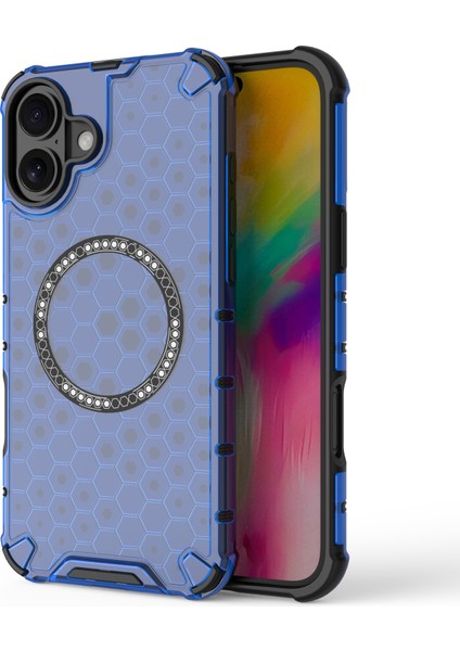 iPhone 16 Manyetik Kılıf Petek Tasarım Tpu+Pc Telefon Kılıfı Hava Yastığı Koruması-Mavi (Yurt Dışından)