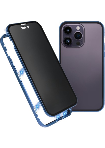 iPhone 16 Pro Anti-Casus Kılıf Manyetik Metal Çerçeve + Çift Taraflı Temperli Cam Telefon Kılıfı - Koyu Mavi (Yurt Dışından)