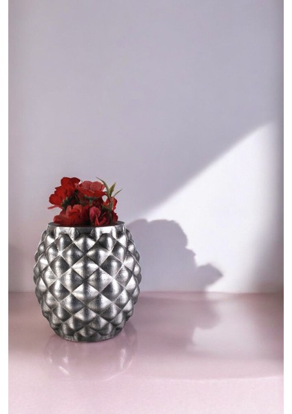 Saksı Çiçek Kaktüs Saksısı Lüx 15 cm Altın Eskitme Varak Boyalı Ananas Desen Saksı Çiçeklik