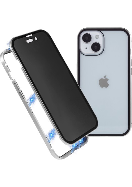 iPhone 15 Plus Anti-Casus Telefon Kılıfı Manyetik Adsorpsiyon Metal Çerçeve + Çift Taraflı Temperli Cam Darbeye Dayanıklı Kapak - Gümüş (Yurt Dışından)