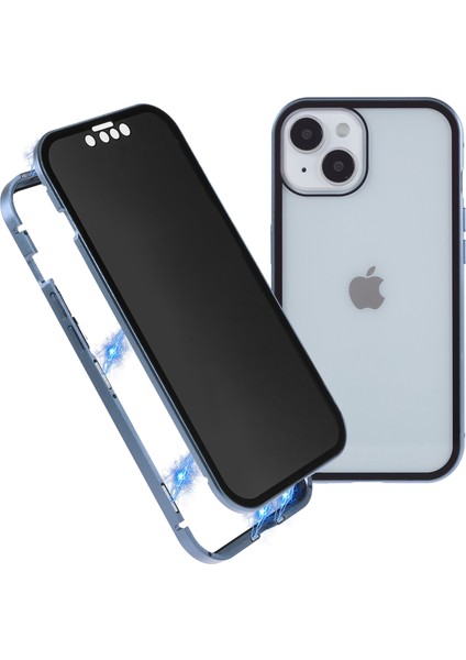 iPhone 14 Anti-Casus Telefon Kılıfı Metal Çerçeve + Çift Taraflı Temperli Cam Manyetik Tam Koruma Kılıfı - Bebek Mavisi (Yurt Dışından)