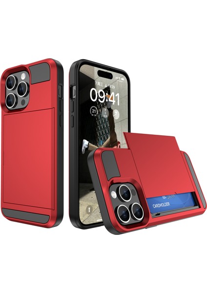iPhone 15 Plus Için Kayar Kart Tutucu Telefon Kılıfı, Düşmeye Karşı Dayanıklı Pc+Tpu Arka Kapak-Kırmızı (Yurt Dışından)