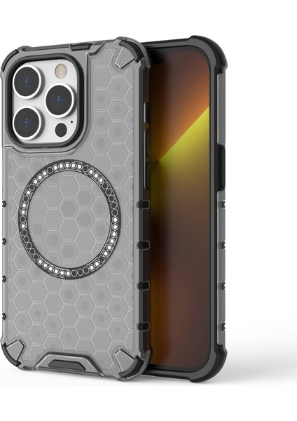 iPhone 13 Pro Manyetik Kılıf Petek Tasarım Kalınlaştırılmış Köşeler Tpu+Pc Telefon Kılıfı-Gri (Yurt Dışından)