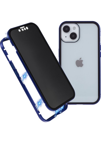 iPhone 14 Anti-Casus Telefon Kılıfı Metal Çerçeve + Çift Taraflı Temperli Cam Manyetik Tam Koruma Kılıfı - Koyu Mavi (Yurt Dışından)