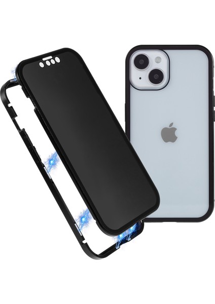 iPhone 14 Anti-Casus Telefon Kılıfı Metal Çerçeve + Çift Taraflı Temperli Cam Manyetik Tam Koruma Kılıfı - Siyah (Yurt Dışından)