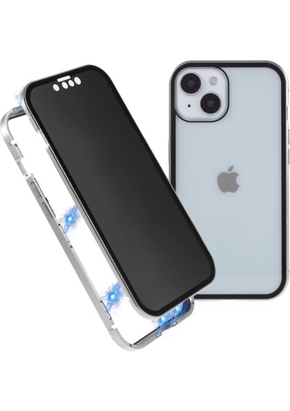 iPhone 14 Anti-Casus Telefon Kılıfı Metal Çerçeve + Çift Taraflı Temperli Cam Manyetik Tam Koruma Kılıfı - Gümüş (Yurt Dışından)