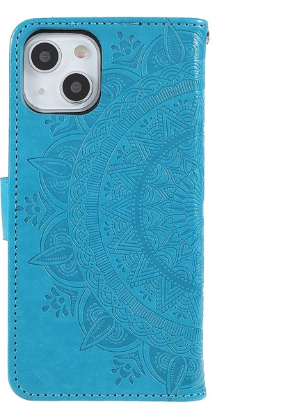 Baskılı Mandala Totem Desen Pu Deri Cüzdan Kılıfı Ince Manyetik Darbeye Dayanıklı Kapaklı Kılıf Kayışlı iPhone 13 Mini 5.4 Inç-Mavi (Yurt Dışından) modelleri