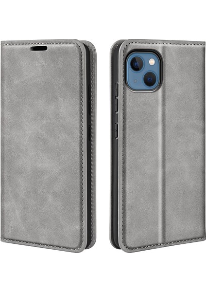 iPhone 14 Plus 6.7 Inç Skin Touch Hissi Folio Flip Deri Kılıf Cep Telefonu Standı Cüzdan Koruyucu Kılıf-Gri (Yurt Dışından)