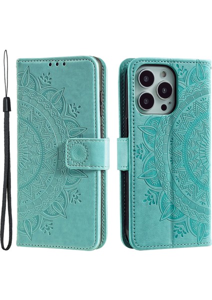 iPhone 15 Pro Max Mandala Çiçek Baskılı Telefon Kılıfı Pu Deri Cüzdan Standı Folio Kılıf Kayışlı-Yeşil (Yurt Dışından)