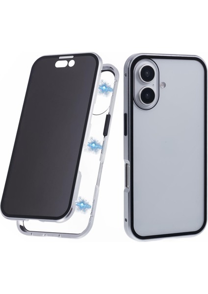 iPhone 16 Anti-Casus Kılıf Manyetik Metal Çerçeve + Çift Taraflı Temperli Cam Telefon Kılıfı - Gümüş (Yurt Dışından)