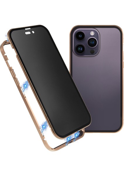 iPhone 16 Pro Max Anti-Casus Kılıf Manyetik Metal Çerçeve + Çift Taraflı Temperli Cam Telefon Kılıfı - Altın (Yurt Dışından)