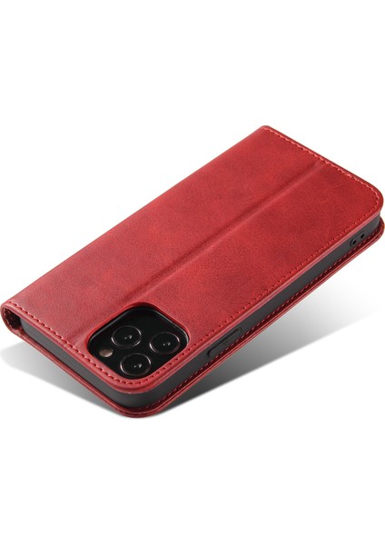 Dana Dokulu Deri Kılıf iPhone 12 Pro Max 6.7 Inç, Manyetik Standlı Telefon Kılıfı Cüzdan-Kırmızı (Yurt Dışından) fırsatları