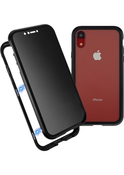 iPhone Xr 6.1 Inç Gizlilik Manyetik Kılıf Gözetleme Önleyici Çift Taraflı Temperli Cam + Metal Tampon Çerçeve Tam Koruyucu Telefon Kılıfı-Siyah (Yurt Dışından)