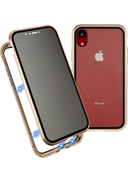 iPhone Xr 6.1 Inç Gizlilik Manyetik Kılıf Gözetleme Önleyici Çift Taraflı Temperli Cam + Metal Tampon Çerçeve Tam Koruyucu Telefon Kılıfı-Altın (Yurt Dışından)