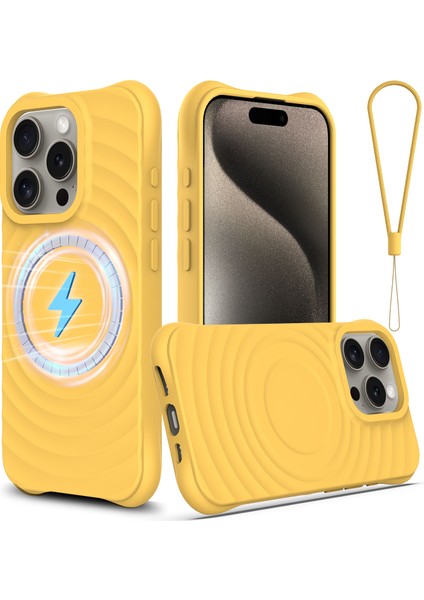 iPhone 15 Pro Manyetik Kılıf Su Dalgası Desenli Sıvı Silikon Telefon Kılıfı-Sarı (Yurt Dışından)