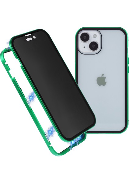 iPhone 15 Manyetik Kapak Metal Çerçeve + Çift Taraflı Temperli Cam Anti-Peep Telefon Kılıfı - Yeşil (Yurt Dışından)