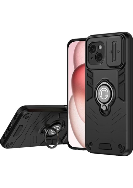 iPhone 15 Plus Kılıf Lens Koruma Pc+Tpu Telefon Kılıfı Kickstand Ile-Siyah (Yurt Dışından)