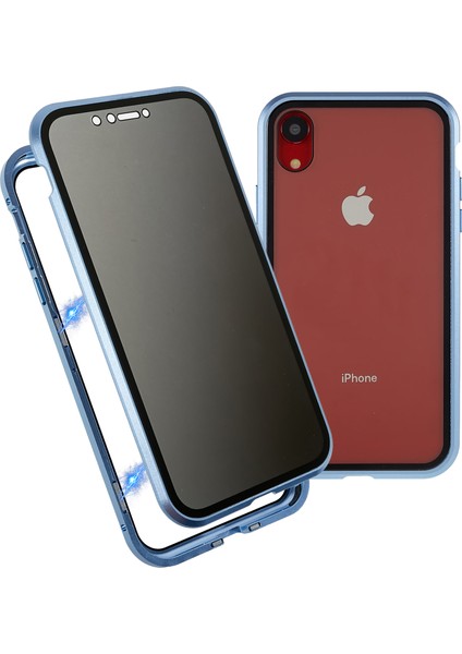 iPhone Xr 6.1 Inç Gizlilik Manyetik Kılıf Gözetleme Önleyici Çift Taraflı Temperli Cam + Metal Tampon Çerçeve Tam Koruyucu Telefon Kılıfı-Mavi (Yurt Dışından)