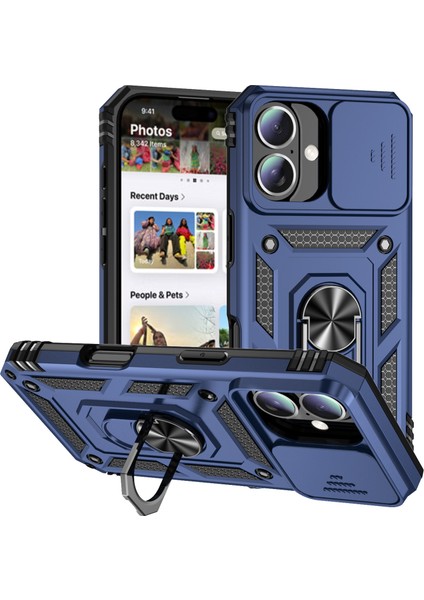 iPhone 16 Plus Kılıf Halkalı Kickstand Pc+Tpu Telefon Koruyucu Sürgülü Kamera Kapağı-Mavi (Yurt Dışından)