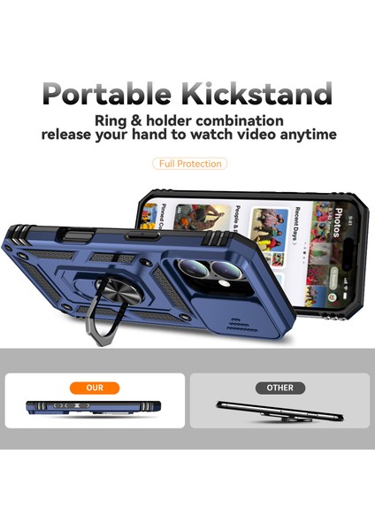 iPhone 16 Plus Kılıf Halkalı Kickstand Pc+Tpu Telefon Koruyucu Sürgülü Kamera Kapağı-Mavi (Yurt Dışından) modelleri