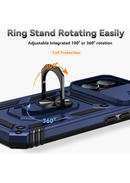 iPhone 16 Plus Kılıf Halkalı Kickstand Pc+Tpu Telefon Koruyucu Sürgülü Kamera Kapağı-Mavi (Yurt Dışından) indirimleri