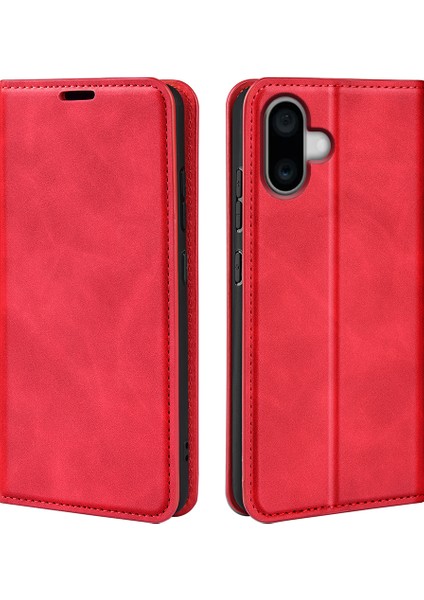 iPhone 16 Plus Kılıf Cilt Hissi Pu Deri Telefon Kılıfı Katlanır Stand Manyetik Emilim-Kırmızı (Yurt Dışından)