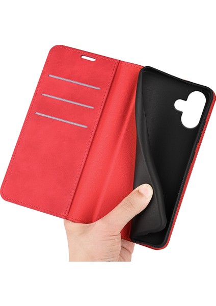 iPhone 16 Plus Kılıf Cilt Hissi Pu Deri Telefon Kılıfı Katlanır Stand Manyetik Emilim-Kırmızı (Yurt Dışından) fırsatları
