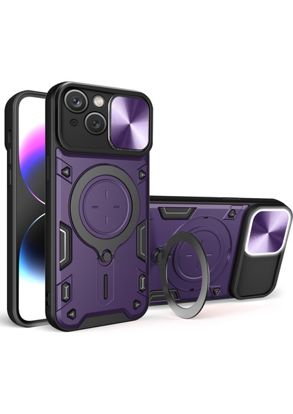 iPhone 15 Döner Ayaklı Pc+Tpu Kapak Sürgülü Kamera Kalkanı Çizilmez Telefon Kılıfı-Mor (Yurt Dışından)