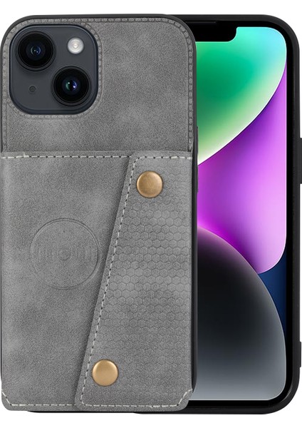 iPhone 15 Kickstand Shell Pu Deri Kaplamalı Tpu Telefon Kılıfı Kart Yuvaları Ile-Gri (Yurt Dışından)