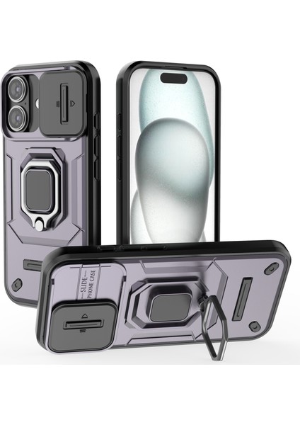 iPhone 16 Kılıf Halkalı Kickstand Pc+Tpu Telefon Kılıfı Lens Kalkanı-Mor (Yurt Dışından)