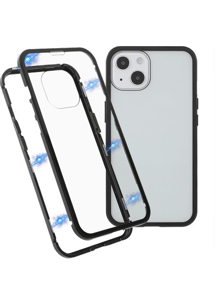 Düşmeye Karşı Tam Kapsamlı Metal Çerçeve + Çift Taraflı Temperli Cam Manyetik Emici Telefon Kılıfı iPhone 13 6.1 Inç - Siyah (Yurt Dışından)