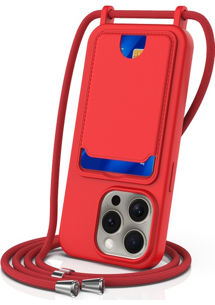 iPhone 12 Pro Max Sıvı Silikon Kılıf Kart Tutucu Çapraz Askılı Telefon Kılıfı-Kırmızı (Yurt Dışından)