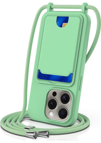 iPhone 12 Pro Max Sıvı Silikon Kılıf Kart Tutucu Çapraz Askılı Telefon Kılıfı-Yeşil (Yurt Dışından)