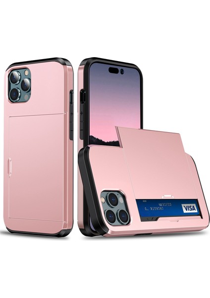 iPhone 14 Pro Max 6.7 Inç Tpu+Pc Hibrit Kılıf Darbeye Dayanıklı Telefon Kılıfı Sürgülü Kart Tutucu-Gül Altını (Yurt Dışından)