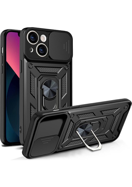 iPhone 13 Mini 5.4 Inç Için Her Yönlü Koruyucu Kamera Sürgülü Telefon Düşmeye Karşı Kılıf Arka Kabuk Kickstand ile - Siyah (Yurt Dışından)