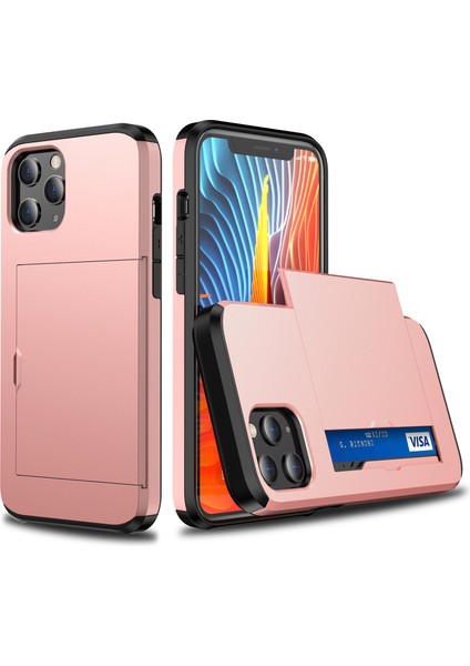 iPhone 12 Pro/12 Için Çizilmez Dayanıklı Darbeye Dayanıklı Toz Geçirmez Telefon Çantası Kapağı Sürgülü Kart Yuvası Plastik + Tpu Hibrit Kabuk Telefon Kılıfı-Gül Altını (Yurt Dışından)