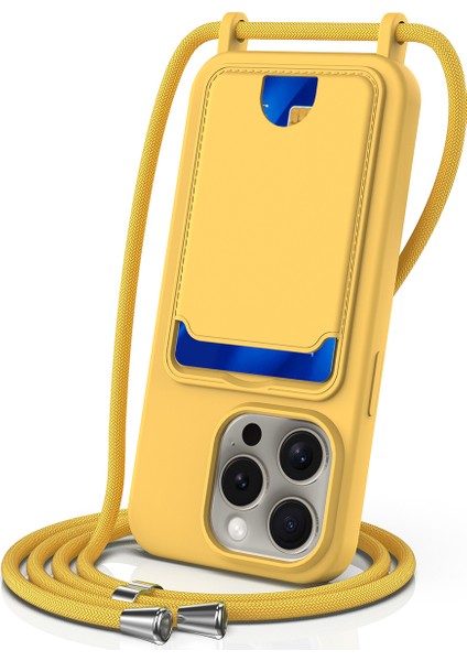iPhone 12 Pro Max Sıvı Silikon Kılıf Kart Tutucu Çapraz Askılı Telefon Kılıfı-Sarı (Yurt Dışından)