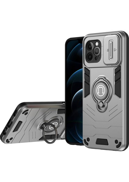 iPhone 12 Pro Max Kılıfı Pc+Tpu Kickstand Arka Kapak Sürgülü Lens Kapağı-Gri (Yurt Dışından)