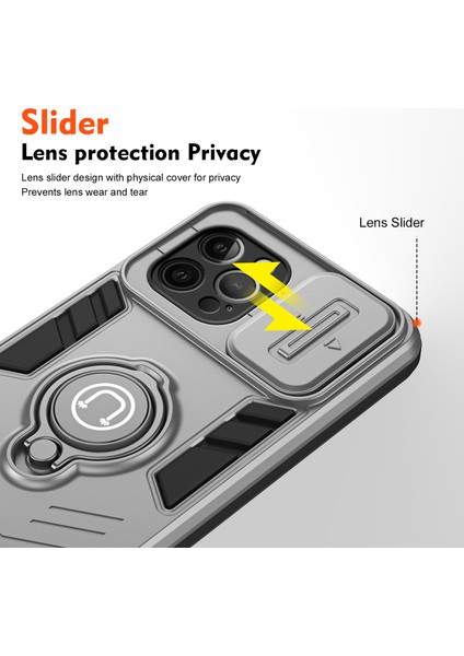 iPhone 12 Pro Max Kılıfı Pc+Tpu Kickstand Arka Kapak Sürgülü Lens Kapağı-Gri (Yurt Dışından) modelleri