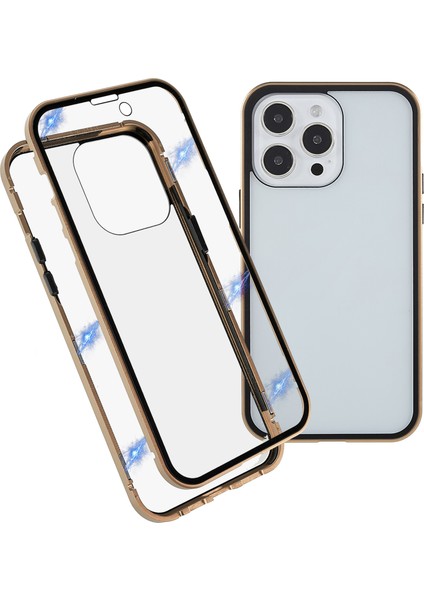 iPhone 14 Pro 6.1 Inç Hd Çift Taraflı Temperli Cam + Metal Tampon Toz Önleyici Manyetik Telefon Kılıfı Kabuk-Altın (Yurt Dışından)